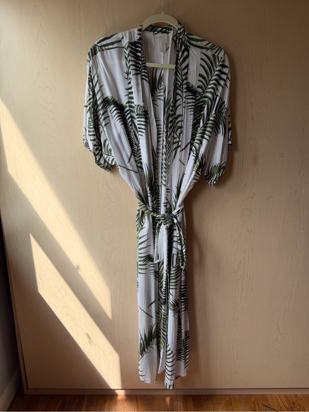 H&M White Maxi Dress with Green Tropical Leaf Print